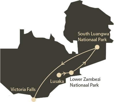 Safari Atelier - Routekaart rondreis Zambia hoogtepunten 13 dagen - Lower Zambezi, South Luangwa, Victoria Falls