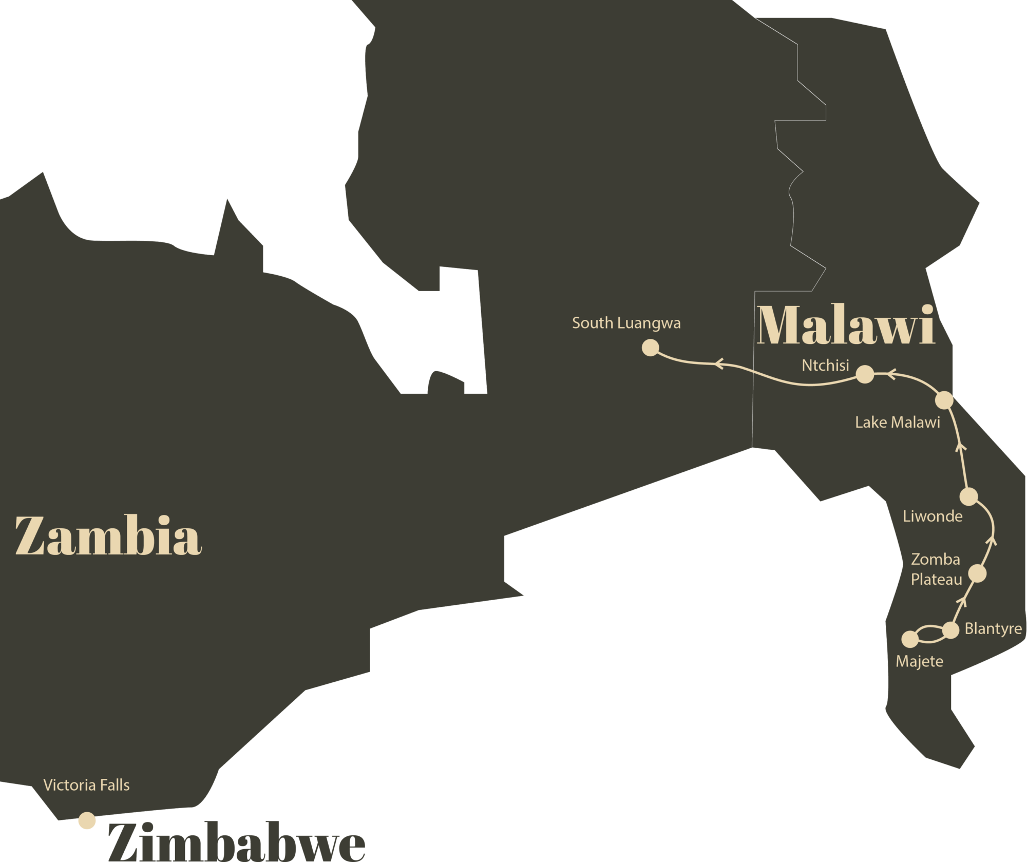 Routekaart Authentiek Malawi en South Luangwa, Zambia rondreis met Safari Atelier - uitsnede Safari Atelier Authentiek malawi Zambia