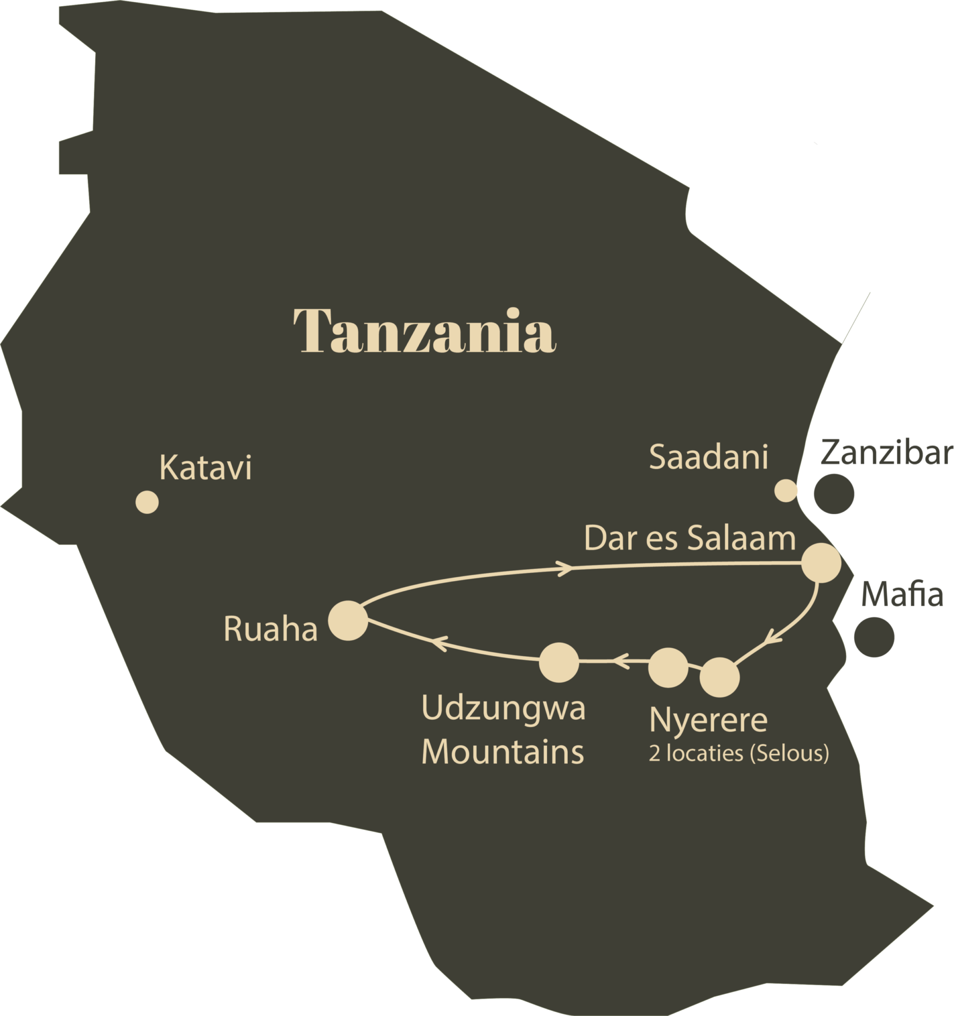 Routekaart Tanzania zuid, Selous, Udzungwa, Ruaha en verlenging met Safari Atelier Routekaart Tanzania zuid, Selous, Ruaha en Mafia Island met Safari Atelier