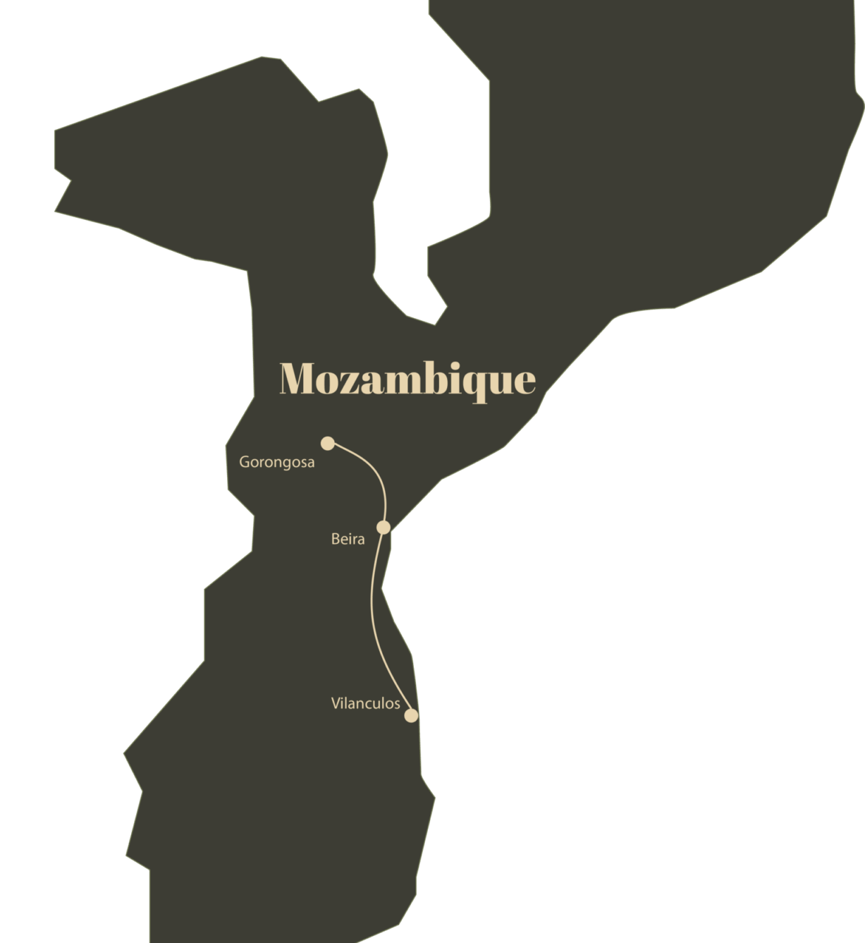 Routekaart - Mozambique Beira Gorongosa Vilanculos Met Safari Atelier naar Mozambique - Routekaart reis Mozambique; Vilanculos en Tofo